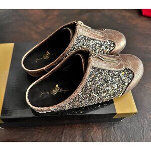 Joan Boyce Gold Sparkle Zip Up Womens 7 Mules Clogs Slides Slip On Shoes